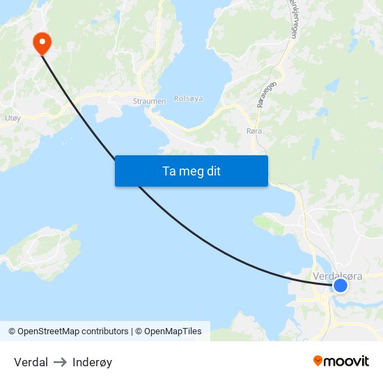 Verdal to Inderøy map