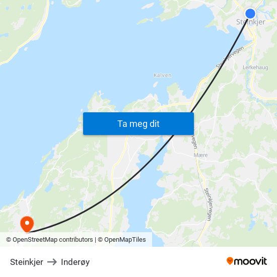 Steinkjer to Inderøy map