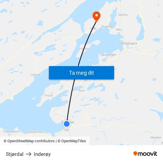 Stjørdal to Inderøy map