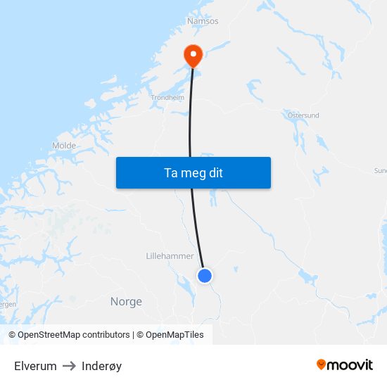 Elverum to Inderøy map