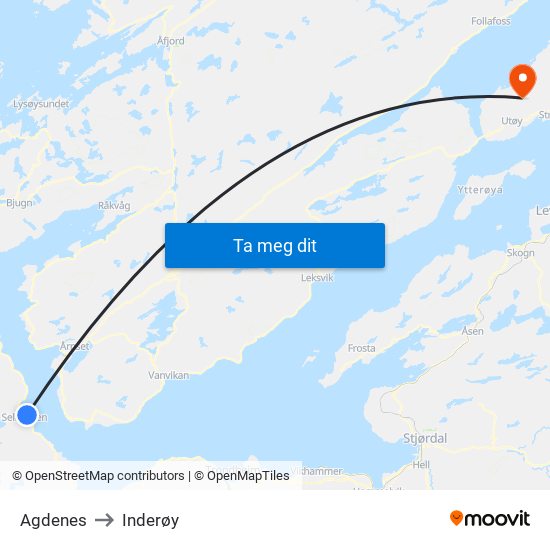 Agdenes to Inderøy map