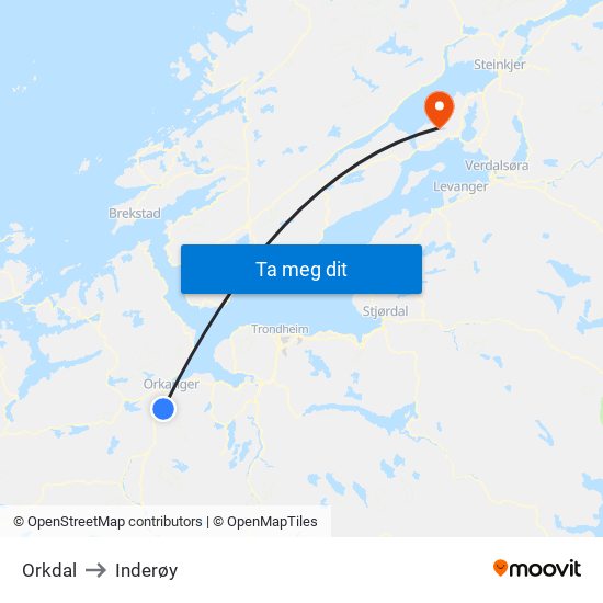 Orkdal to Inderøy map