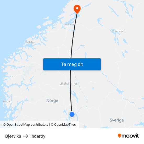 Bjørvika to Inderøy map