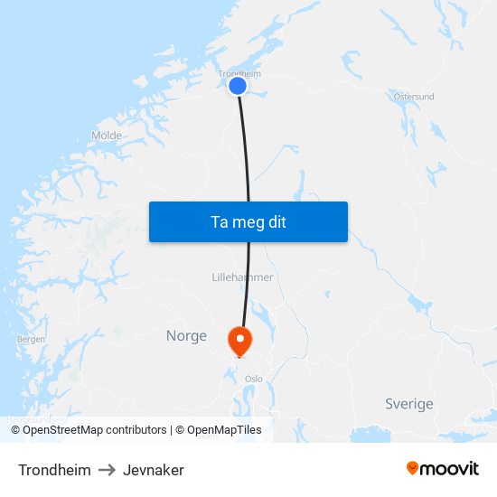 Trondheim to Jevnaker map