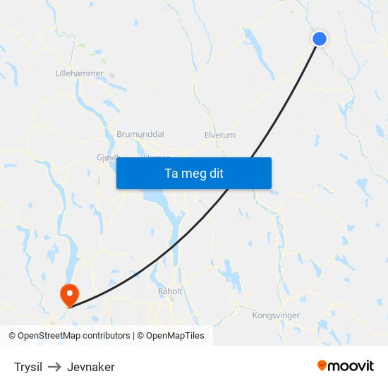 Trysil to Jevnaker map
