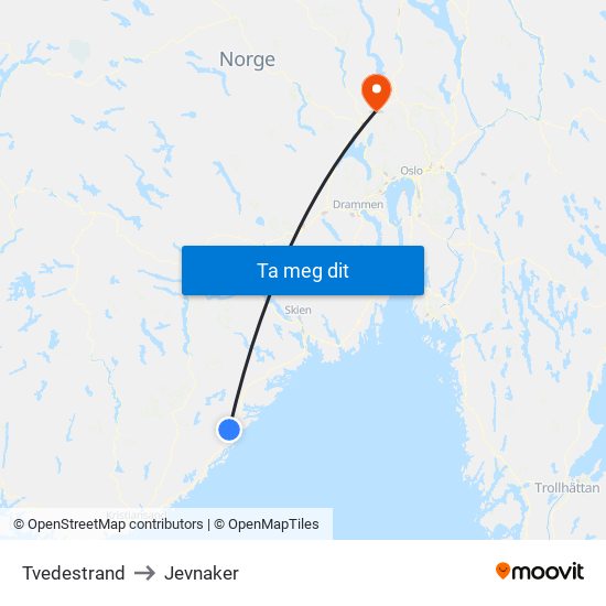 Tvedestrand to Jevnaker map