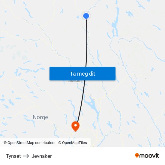 Tynset to Jevnaker map