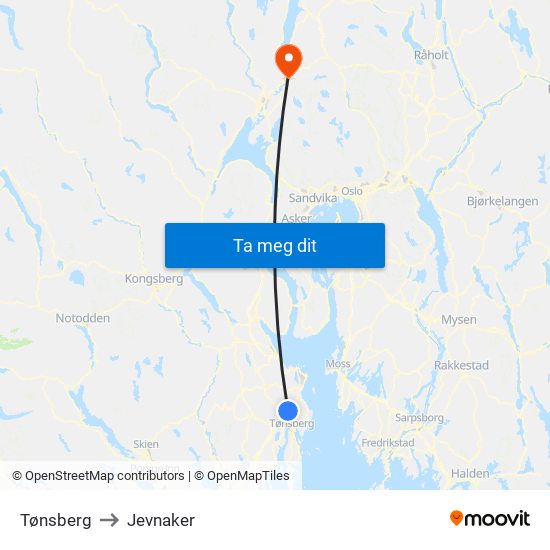 Tønsberg to Jevnaker map