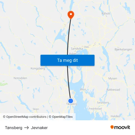 Tønsberg to Jevnaker map