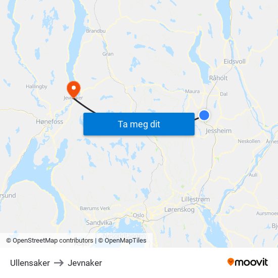 Ullensaker to Jevnaker map