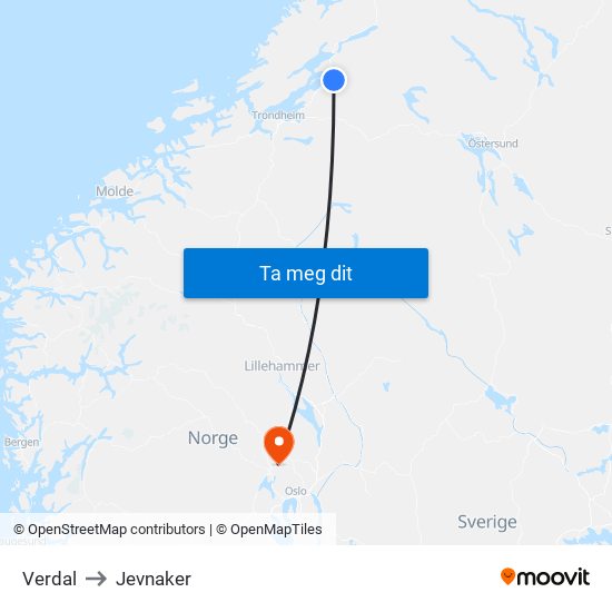 Verdal to Jevnaker map