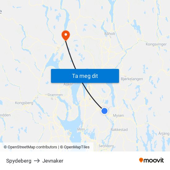 Spydeberg to Jevnaker map