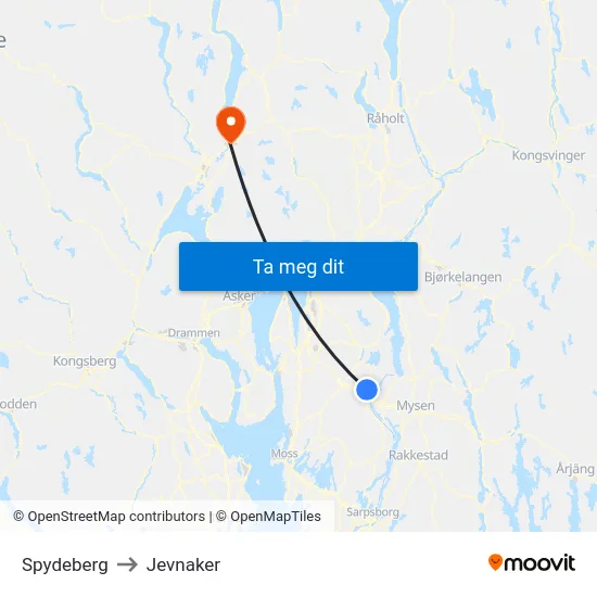 Spydeberg to Jevnaker map
