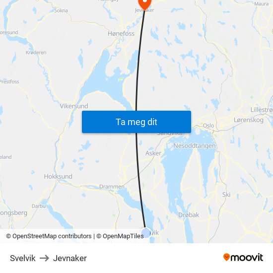 Svelvik to Jevnaker map