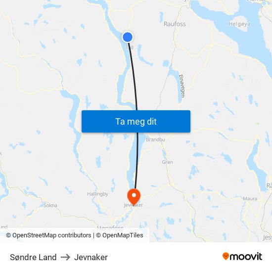 Søndre Land to Jevnaker map