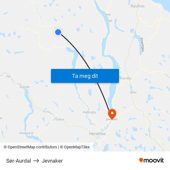 Sør-Aurdal to Jevnaker map