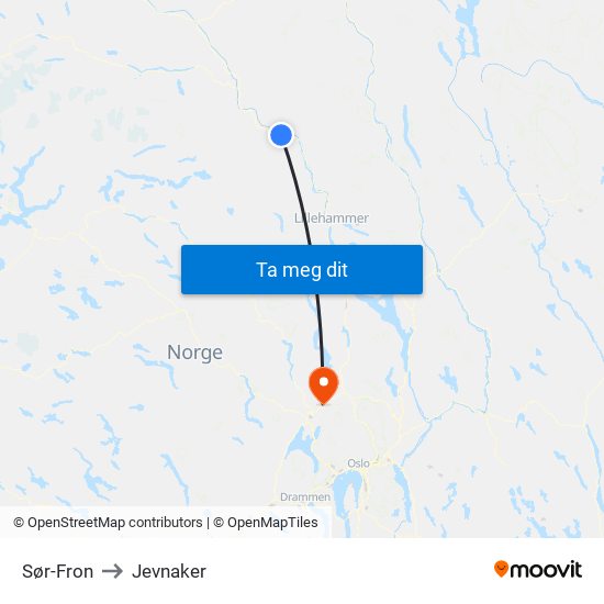 Sør-Fron to Jevnaker map