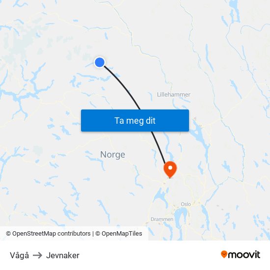 Vågå to Jevnaker map