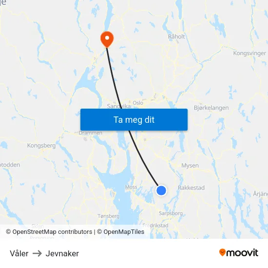 Våler to Jevnaker map