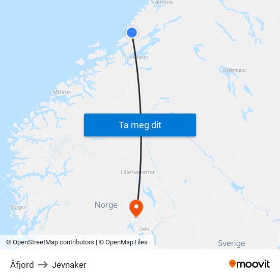 Åfjord to Jevnaker map