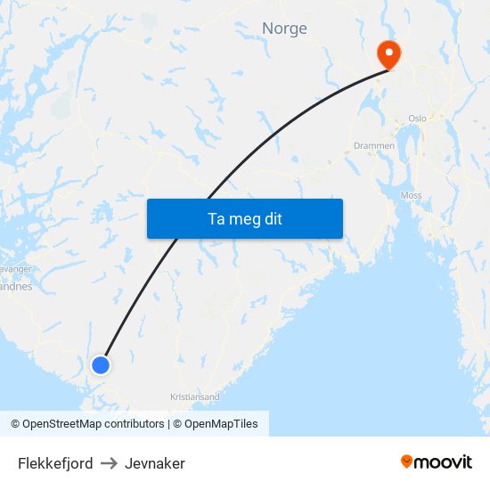 Flekkefjord to Jevnaker map