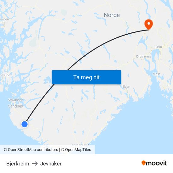 Bjerkreim to Jevnaker map