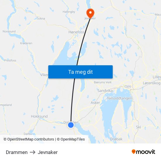 Drammen to Jevnaker map