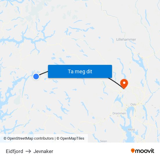 Eidfjord to Jevnaker map