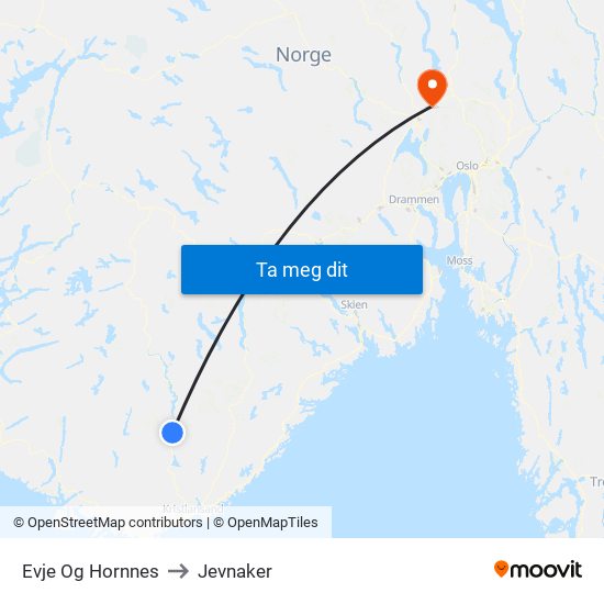 Evje Og Hornnes to Jevnaker map