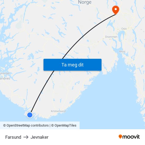 Farsund to Jevnaker map