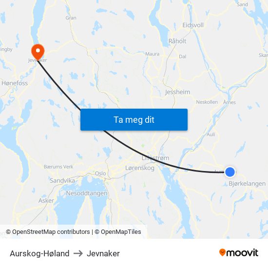 Aurskog-Høland to Jevnaker map