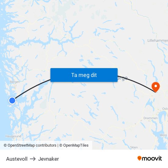 Austevoll to Jevnaker map