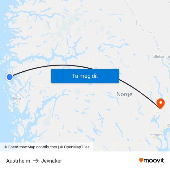 Austrheim to Jevnaker map