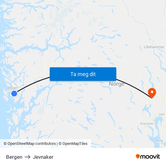 Bergen to Jevnaker map