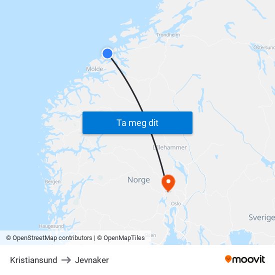 Kristiansund to Jevnaker map