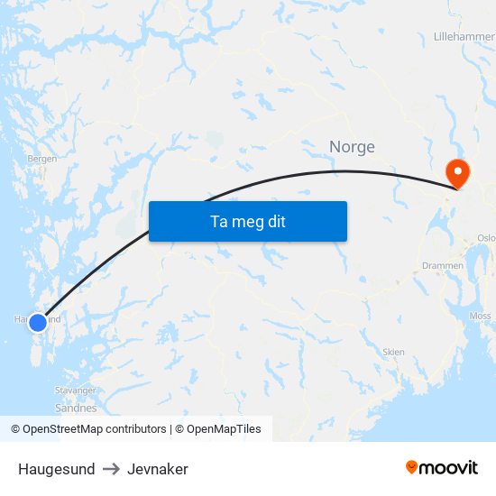 Haugesund to Jevnaker map