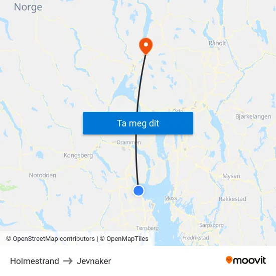 Holmestrand to Jevnaker map