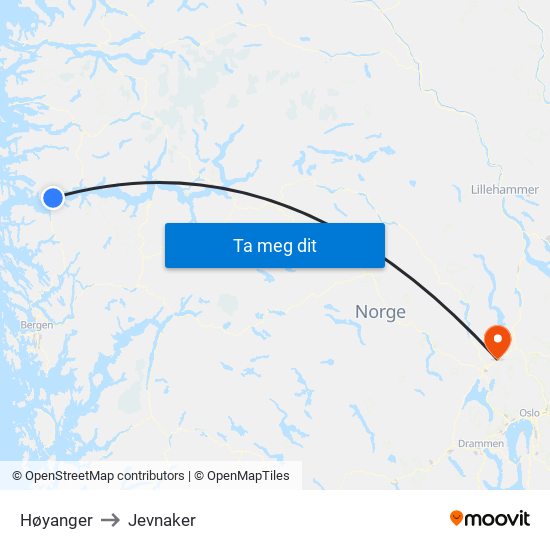 Høyanger to Jevnaker map