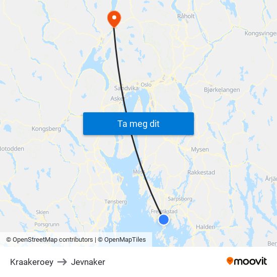 Kraakeroey to Jevnaker map