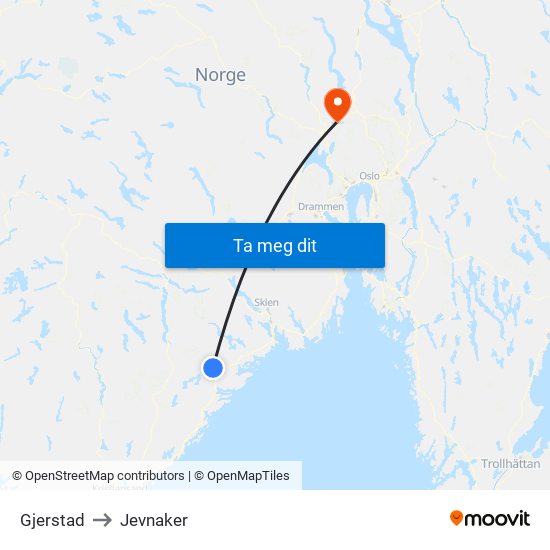 Gjerstad to Jevnaker map