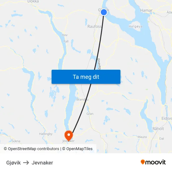 Gjøvik to Jevnaker map