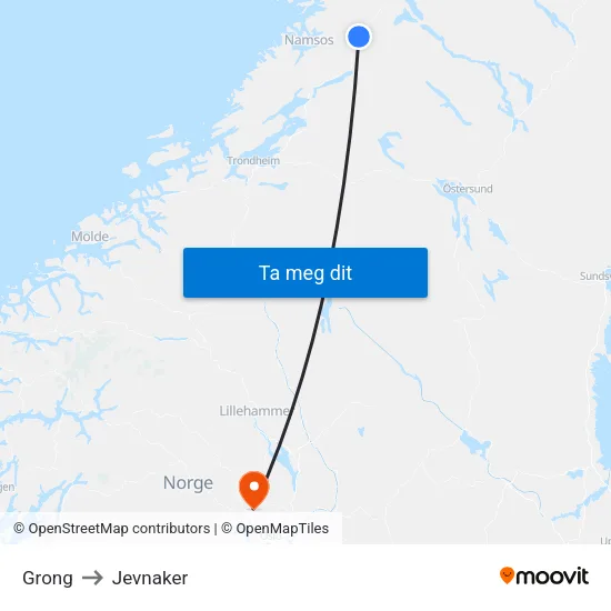 Grong to Jevnaker map