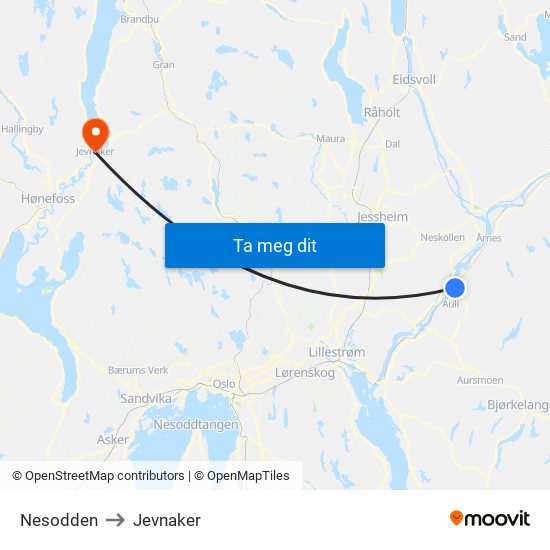 Nesodden to Jevnaker map