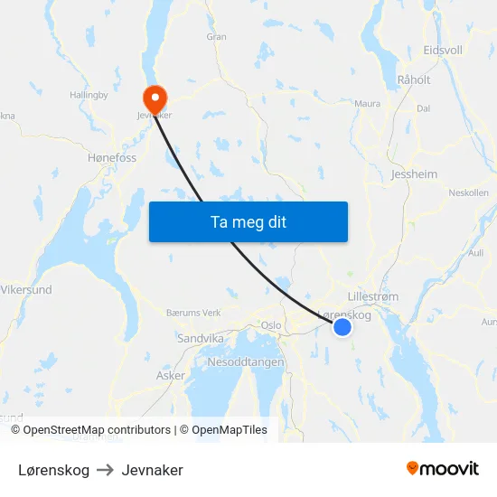 Lørenskog to Jevnaker map