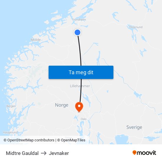 Midtre Gauldal to Jevnaker map