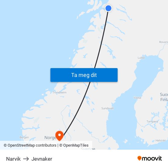 Narvik to Jevnaker map