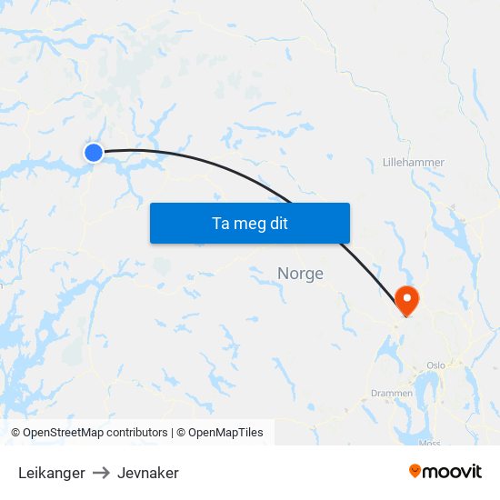 Leikanger to Jevnaker map