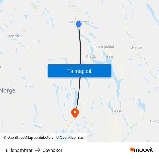 Lillehammer to Jevnaker map