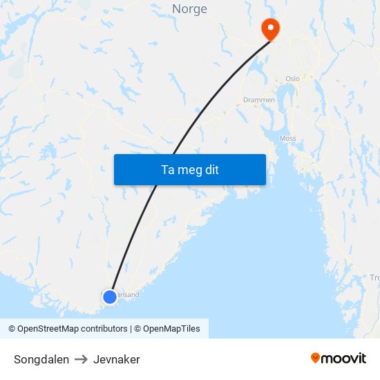 Songdalen to Jevnaker map