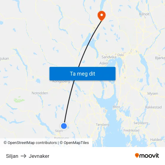 Siljan to Jevnaker map